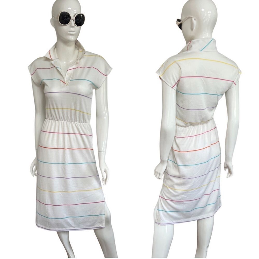 Vintage 1970s Handmade One of a Kind Rainbow Stripe Cinch Waist Polo Midi Dress